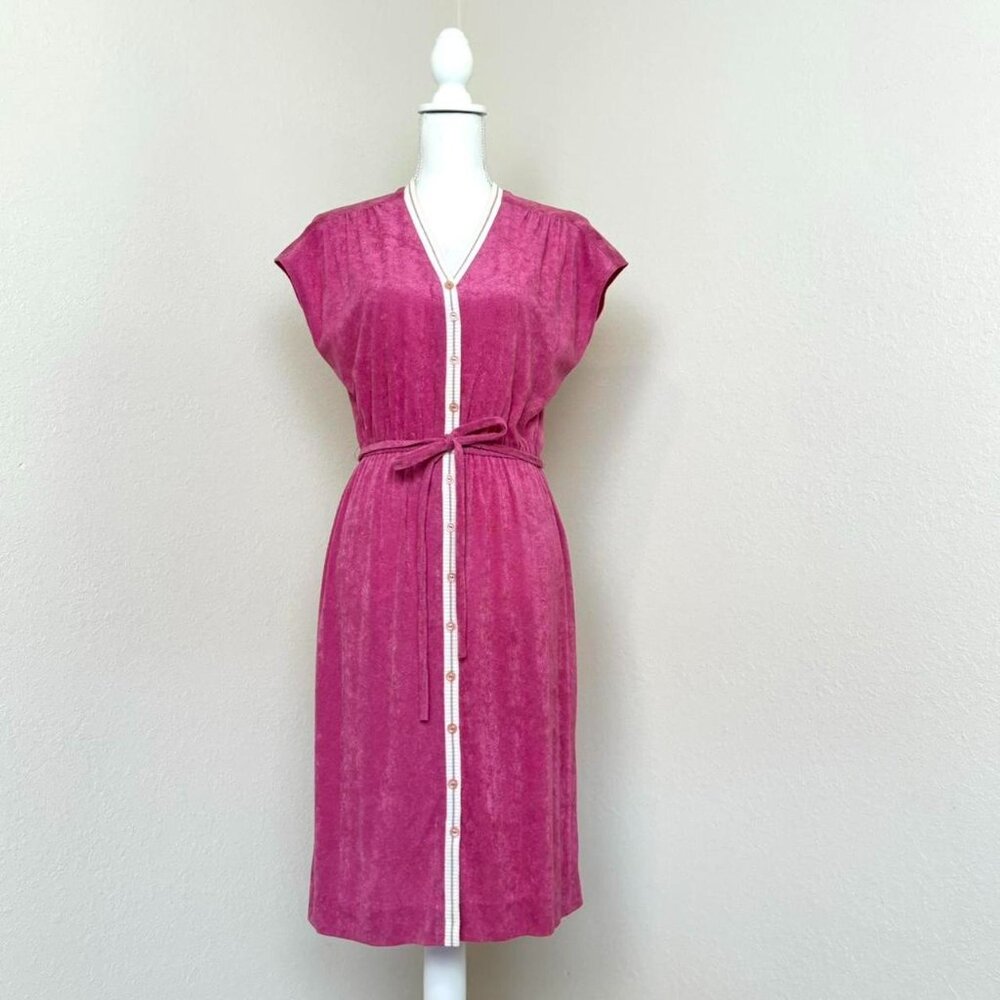 Vintage 70s pink terry cloth midi dress with white trim button front